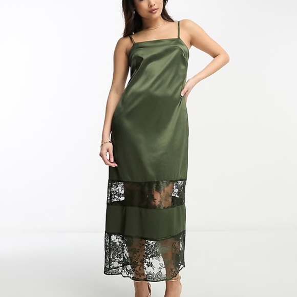 River Island Other - RIVER ISLAND PETITE LACE DETAIL SLIP DRESS IN KHAKI-GREEN
